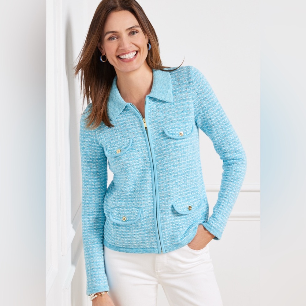 Talbots Aqua Blue Tweed Cardigan, Jacket- medium